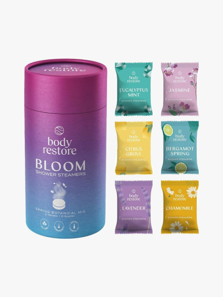 Body Restore Shower Steamers blue and purple gradient container with 6 wrapped steamers on grey background