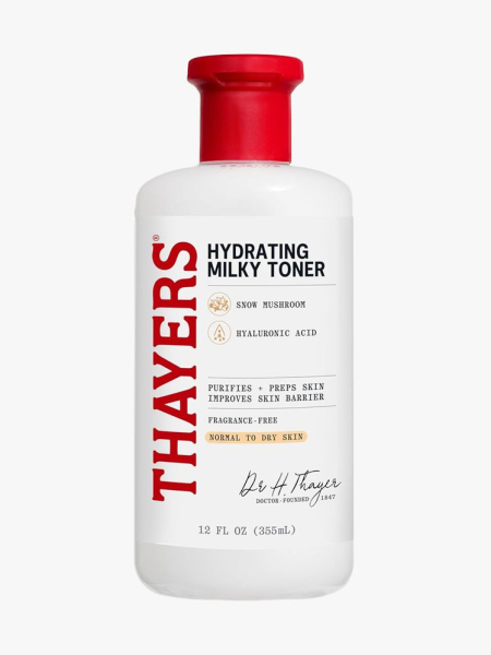Thayers Hydrating Milky Toner in branded bottle component on a light gray background